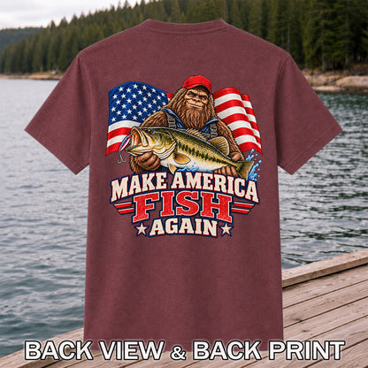 Make America Fish Again Bigfoot Bass Fishing T-Shirt | Back Print