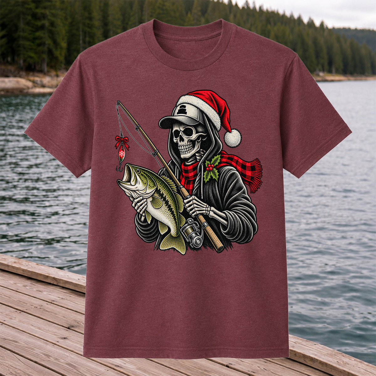 Christmas Skeleton Angler with Santa Hat and Bass Fishing T-Shirt