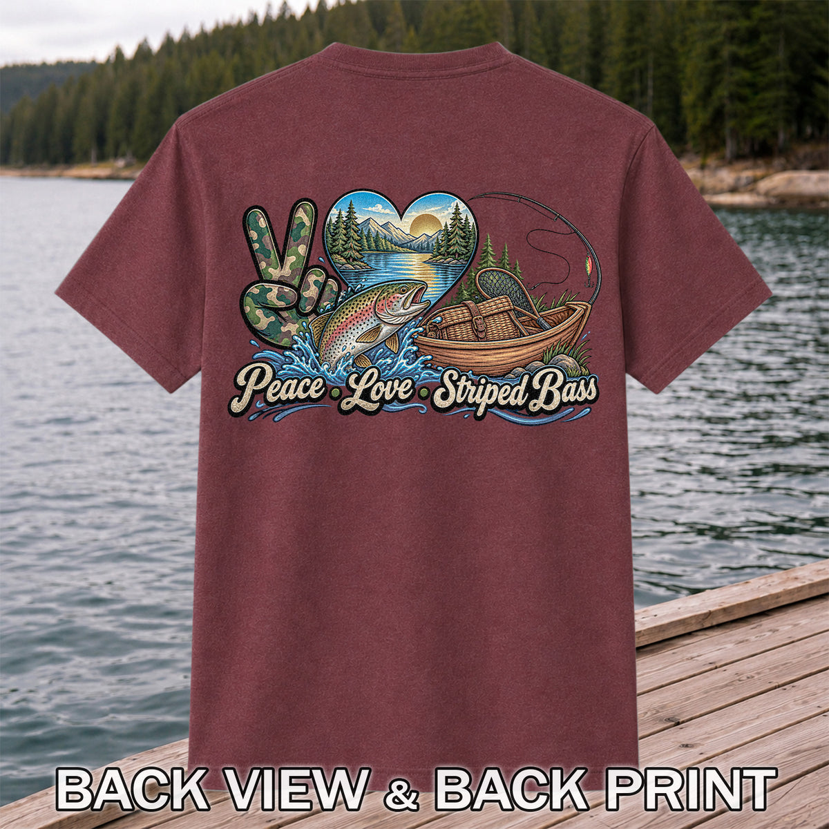 Peace Love Striped Bass Lake and Boat Fishing Graphic T-Shirt | Back Print