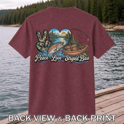 Peace Love Striped Bass Lake and Boat Fishing Graphic T-Shirt | Back Print