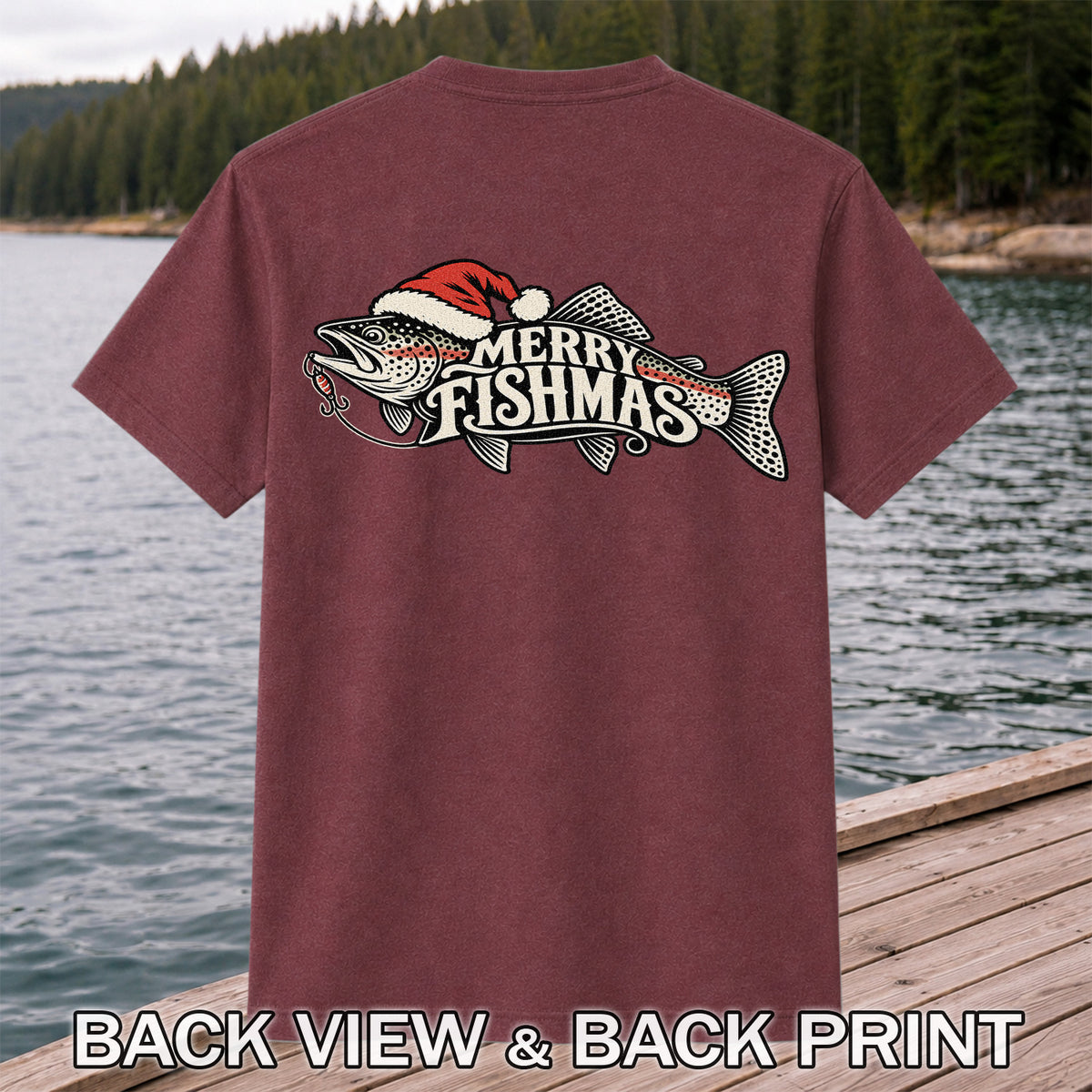 Merry Fishmas Rainbow Trout with Red Santa Hat and Lure Fishing T-Shirt | Back Print