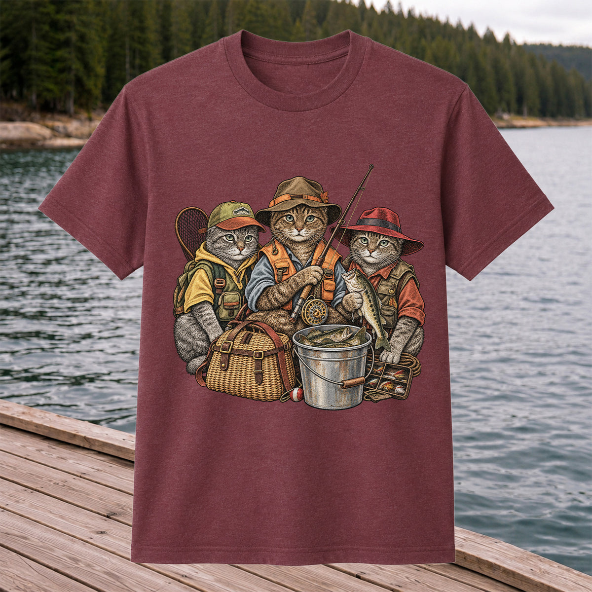 Three Fishing Cats with Rod and Catch Vintage Graphic T-Shirt