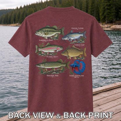 Bass Trout Catfish Carp Pike and Betta Freshwater Fish Graphic T-Shirt | Back Print
