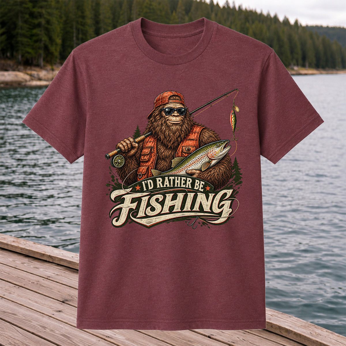 Bigfoot Holding Trout Funny Fishing Graphic T-Shirt
