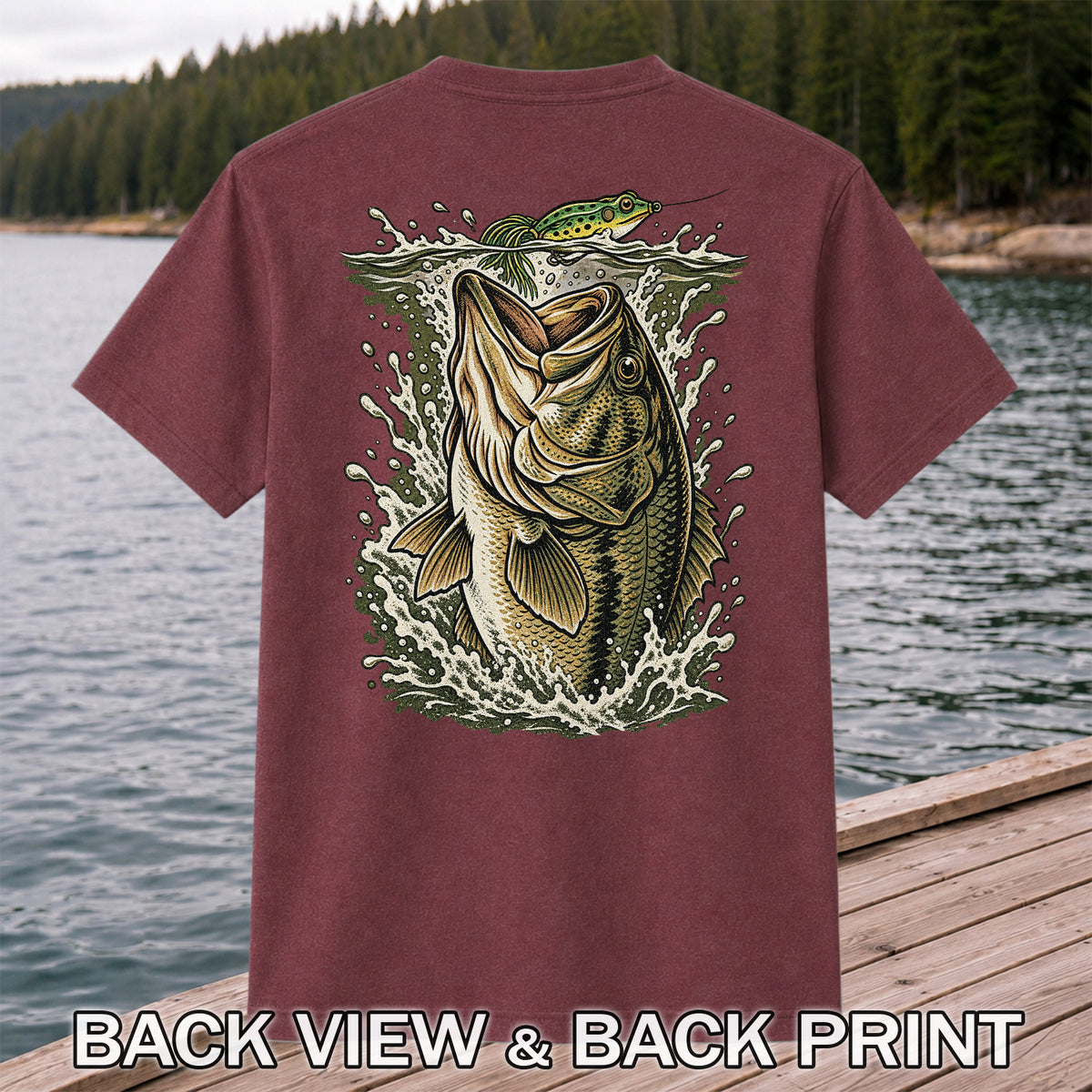 Largemouth Bass Striking a Frog Lure Fishing Graphic T-Shirt | Back Print