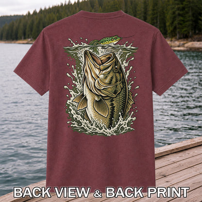 Largemouth Bass Striking a Frog Lure Fishing Graphic T-Shirt | Back Print