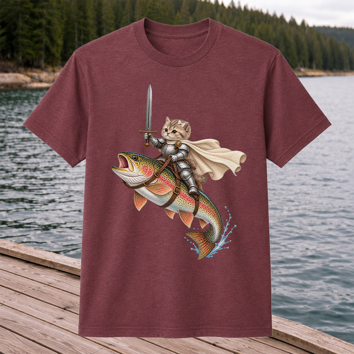 Cat Knight Riding a Rainbow Trout Fishing Graphic T-Shirt