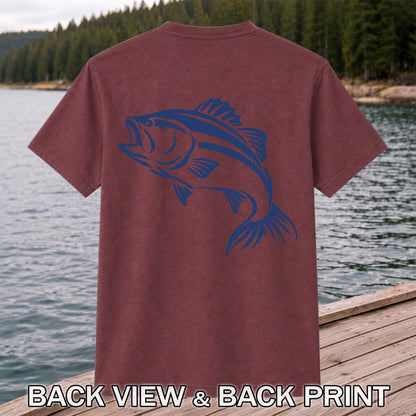 Blue Bass Fishing Line Art Graphic T-Shirt | Back Print