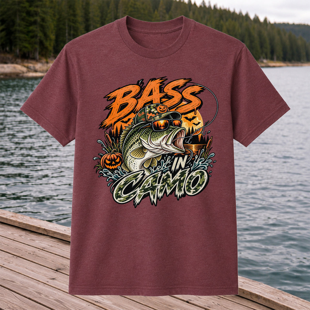Bass in Camo Halloween Pumpkin Bass Fishing Graphic T-Shirt