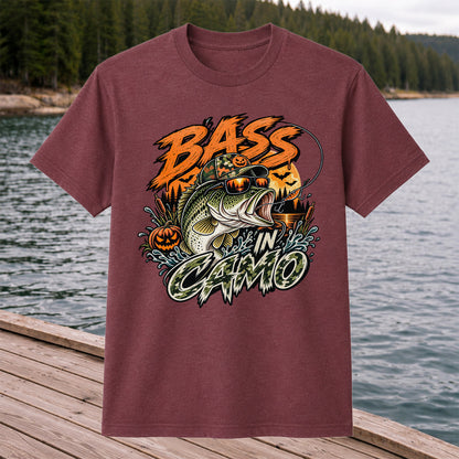 Bass in Camo Halloween Pumpkin Bass Fishing Graphic T-Shirt