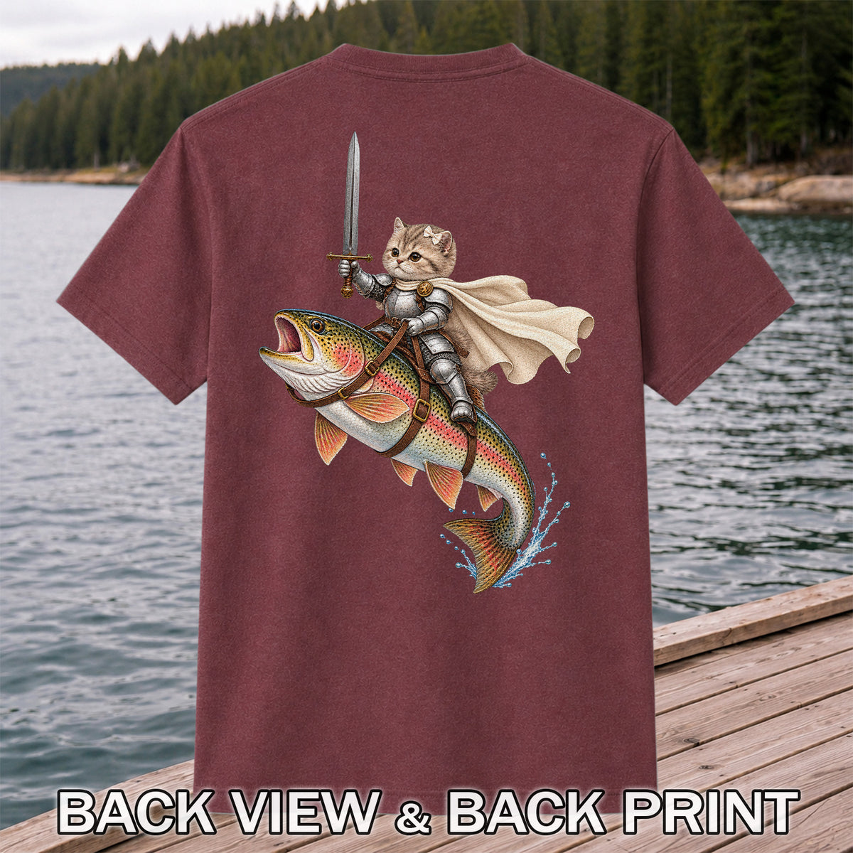 Cat Knight Riding a Rainbow Trout Fishing Graphic T-Shirt | Back Print
