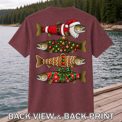 Festive Christmas Trout Santa and Gingerbread Fishing T-Shirt | Back Print