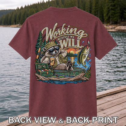 Working Against My Will Raccoon Bass Fishing T-Shirt | Back Print