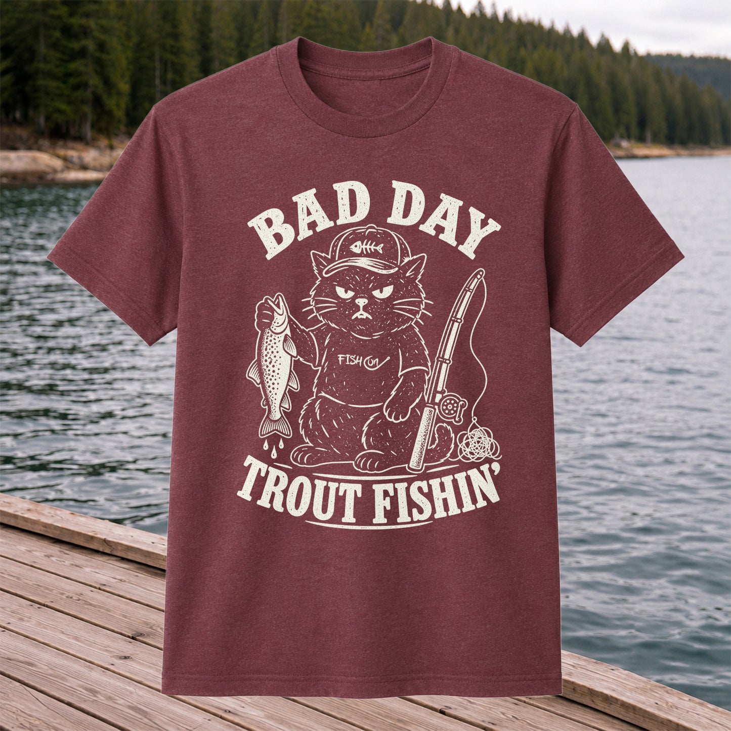 Bad Day Trout Fishin' Fish On Grumpy Black Cat Funny Fishing T-Shirt