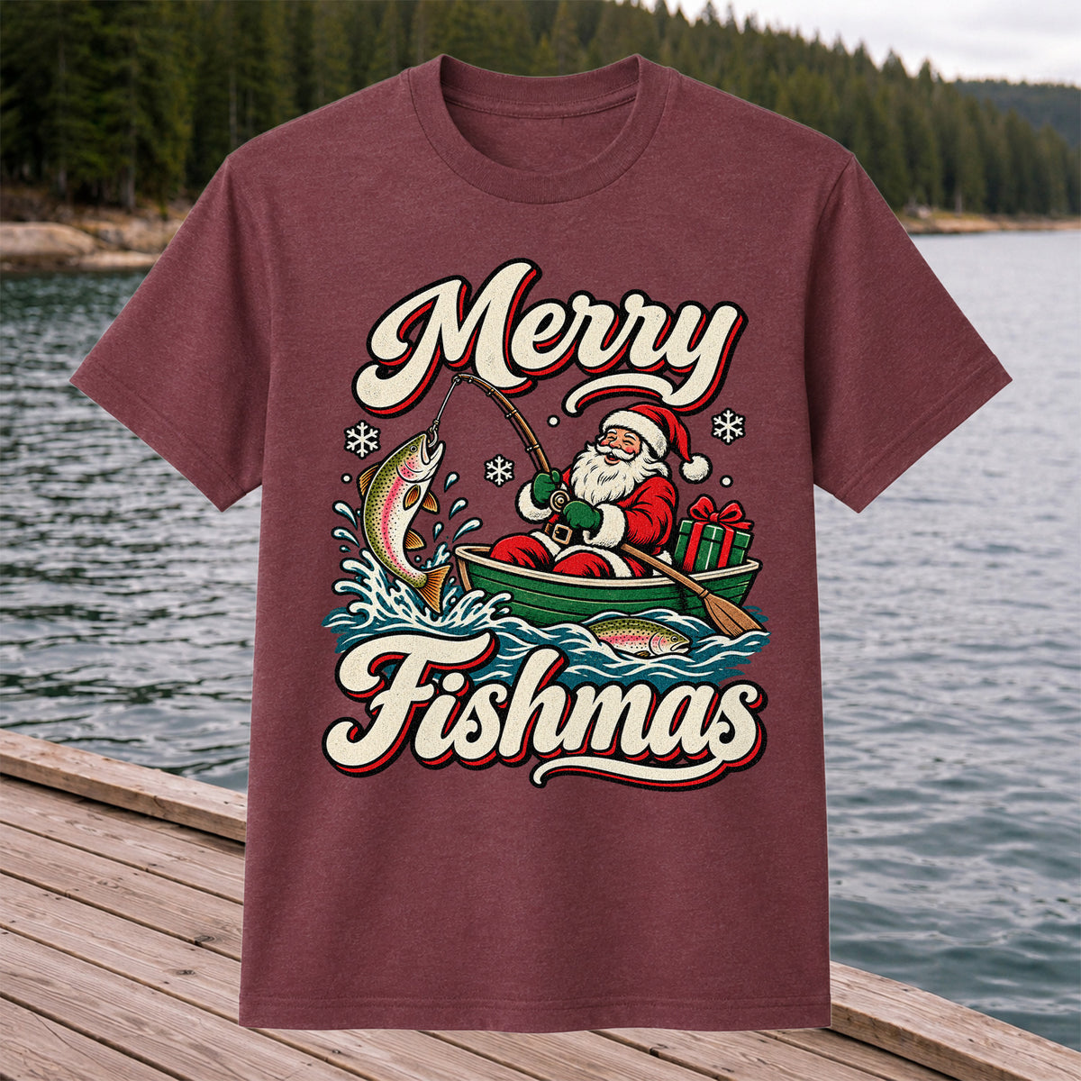Merry Fishmas Santa Catching Rainbow Trout in a Boat Fishing T-Shirt