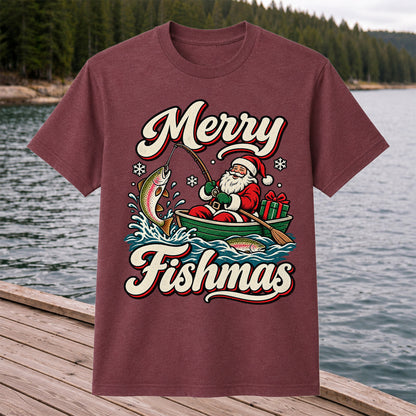 Merry Fishmas Santa Catching Rainbow Trout in a Boat Fishing T-Shirt