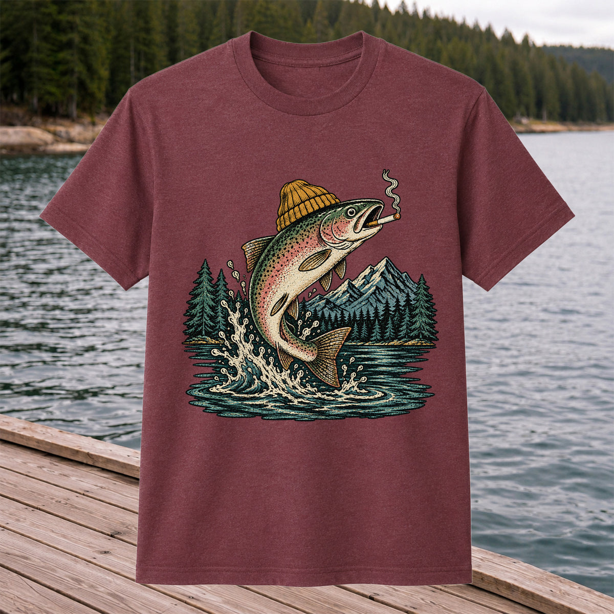 Rainbow Trout in Beanie Smoking and Jumping from Lake Graphic T-Shirt