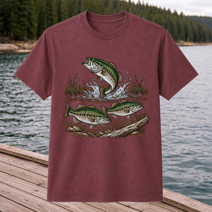 Largemouth Bass Jumping River Fishing Graphic T-Shirt