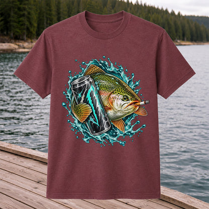 Rainbow Trout with Cigarette and Energy Drink Fishing T-Shirt