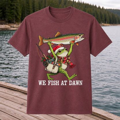 Frog Holding Rainbow Trout Fishing at Dawn Graphic T-Shirt