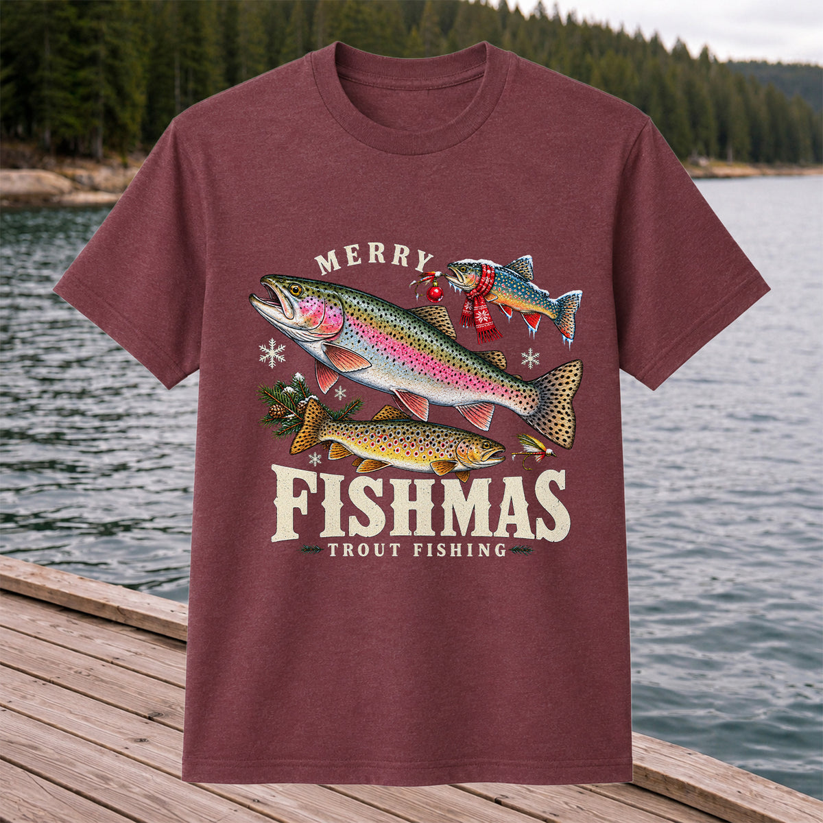 Merry Fishmas Trout Fishing Christmas Graphic T-Shirt