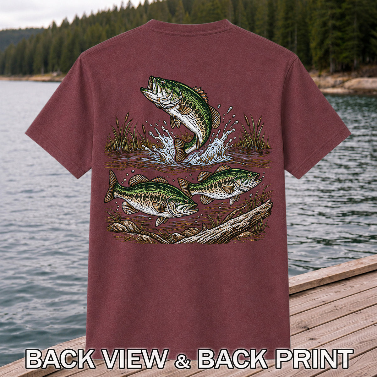 Largemouth Bass Jumping River Fishing Graphic T-Shirt | Back Print