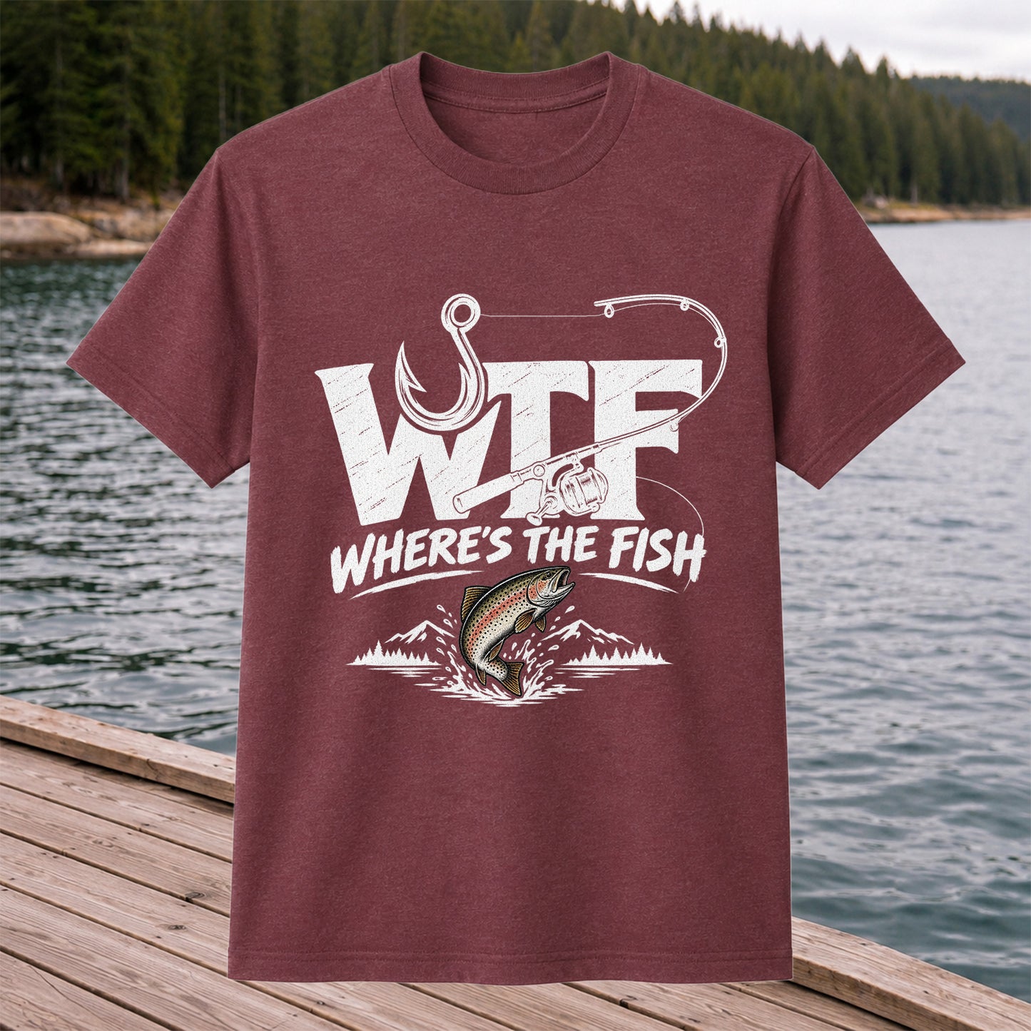 WTF Where's the Fish Rainbow Trout Fishing Graphic T-Shirt