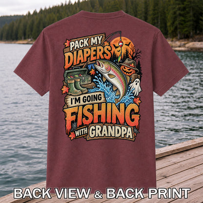 Pack My Diapers I'm Going Fishing With Grandpa Halloween Rainbow Trout T-Shirt | Back Print