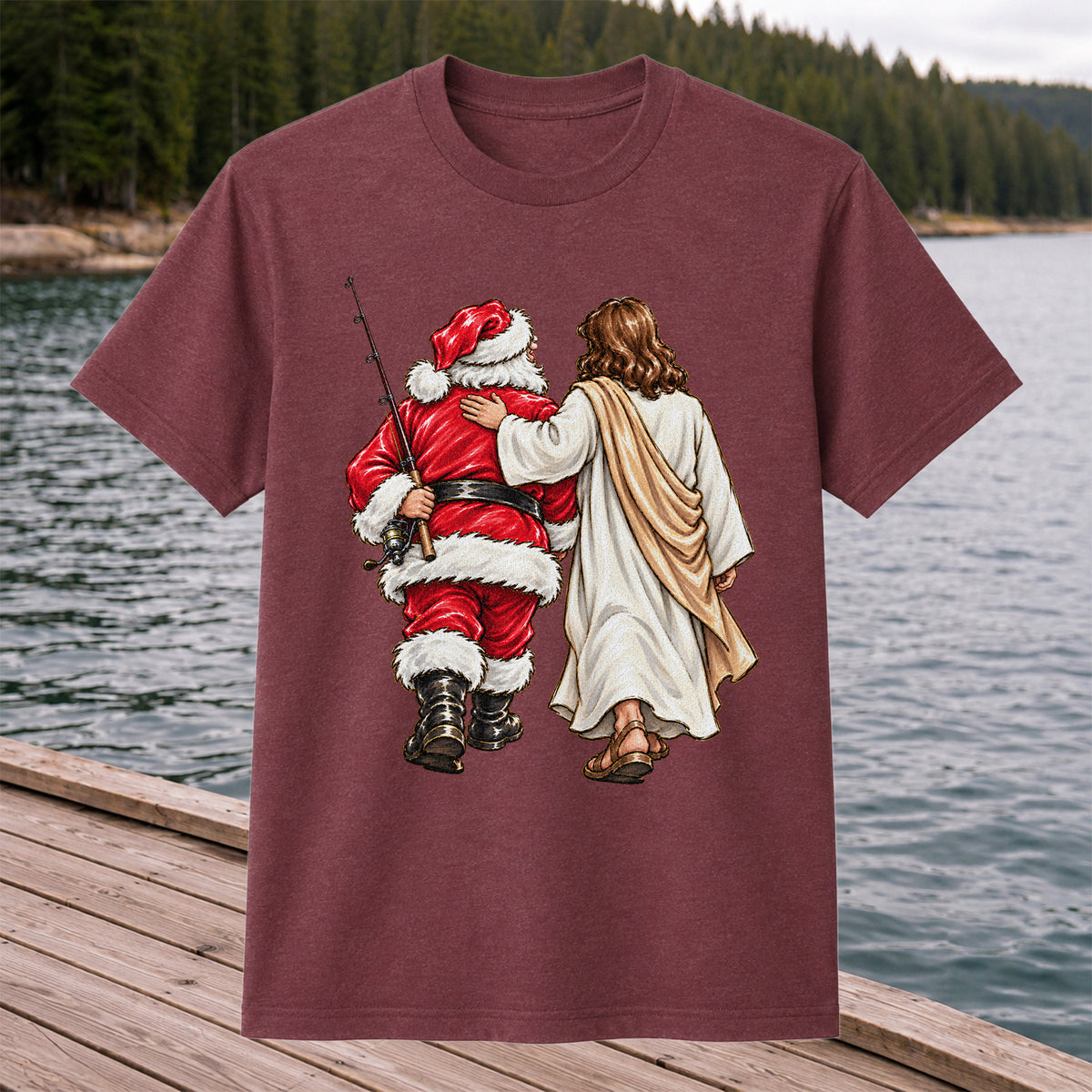 Santa and Robed Companion Fishing Graphic T-Shirt