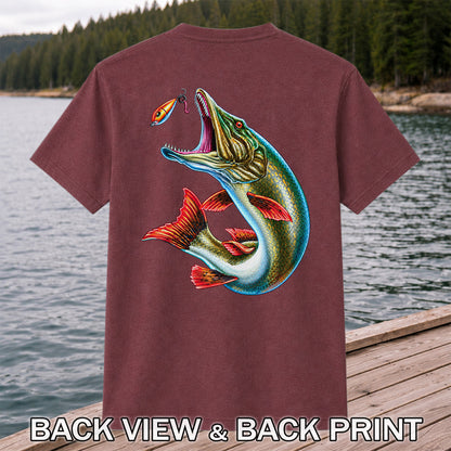 Northern Pike Chasing Fishing Lure Graphic T-Shirt | Back Print