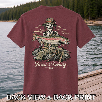 Forever Fishing Skeleton Holding Rainbow Trout Graphic T-Shirt | Back Print