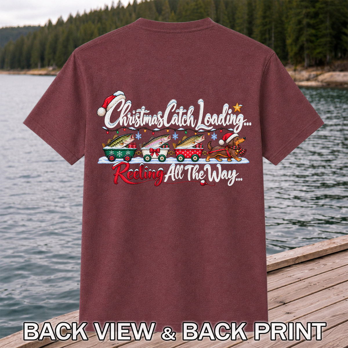 Christmas Fishing Train with Trout and Dog Graphic T-Shirt | Back Print