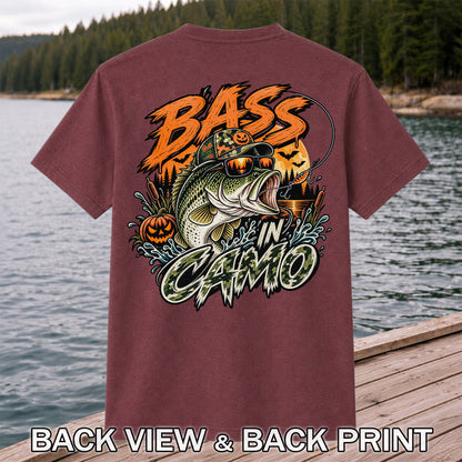 Bass in Camo Halloween Pumpkin Bass Fishing Graphic T-Shirt | Back Print