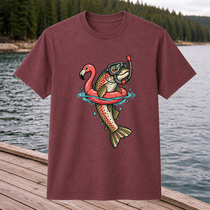 Rainbow Trout Snorkeling in a Flamingo Float Fishing Graphic T-Shirt