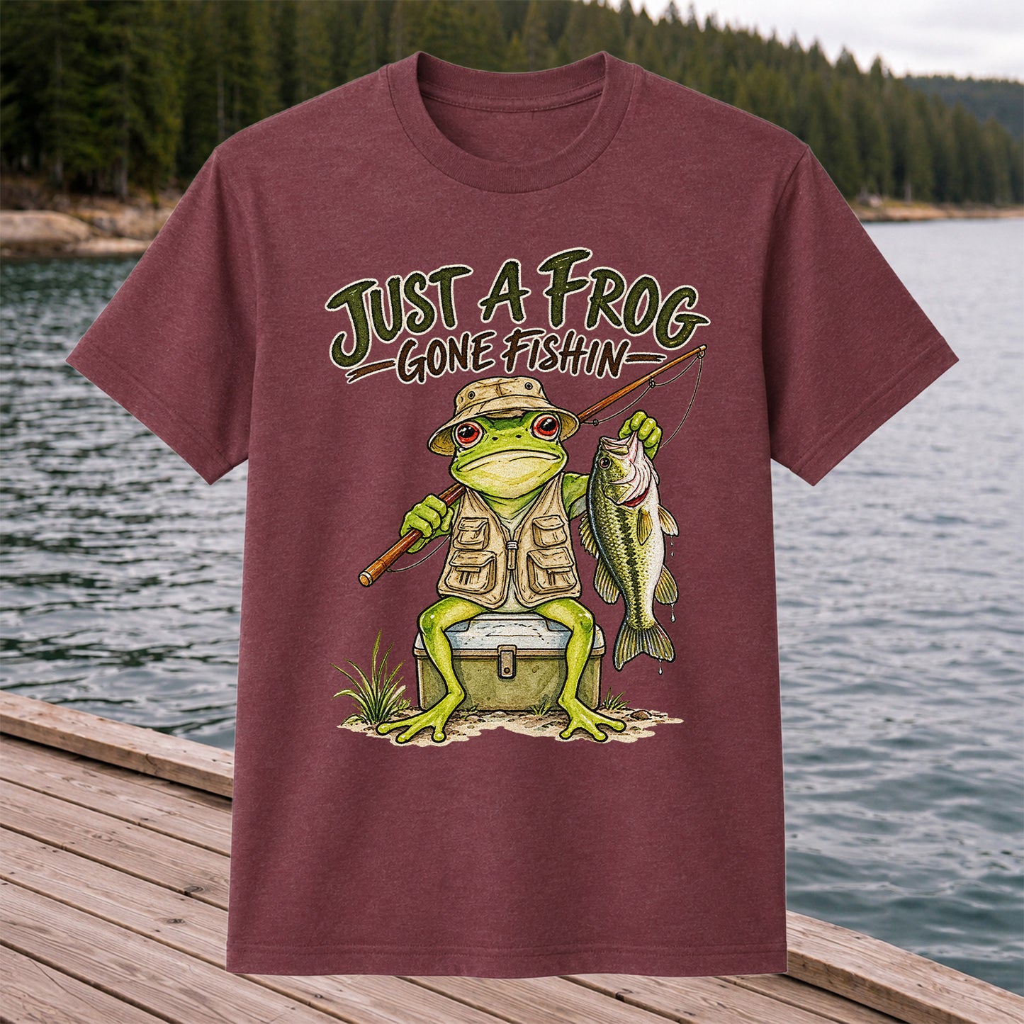 Just a Frog Gone Fishin' Bass Fishing Graphic T-Shirt