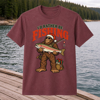 I'd Rather Be Fishing Bigfoot Holding Rainbow Trout Christmas T-Shirt