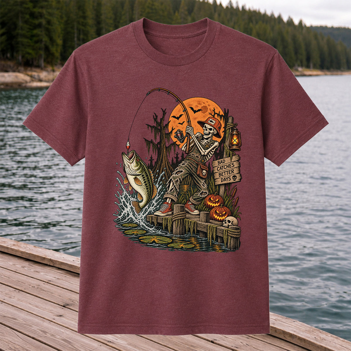 Bad Catches Better Days Skeleton and Bass Halloween Fishing T-Shirt