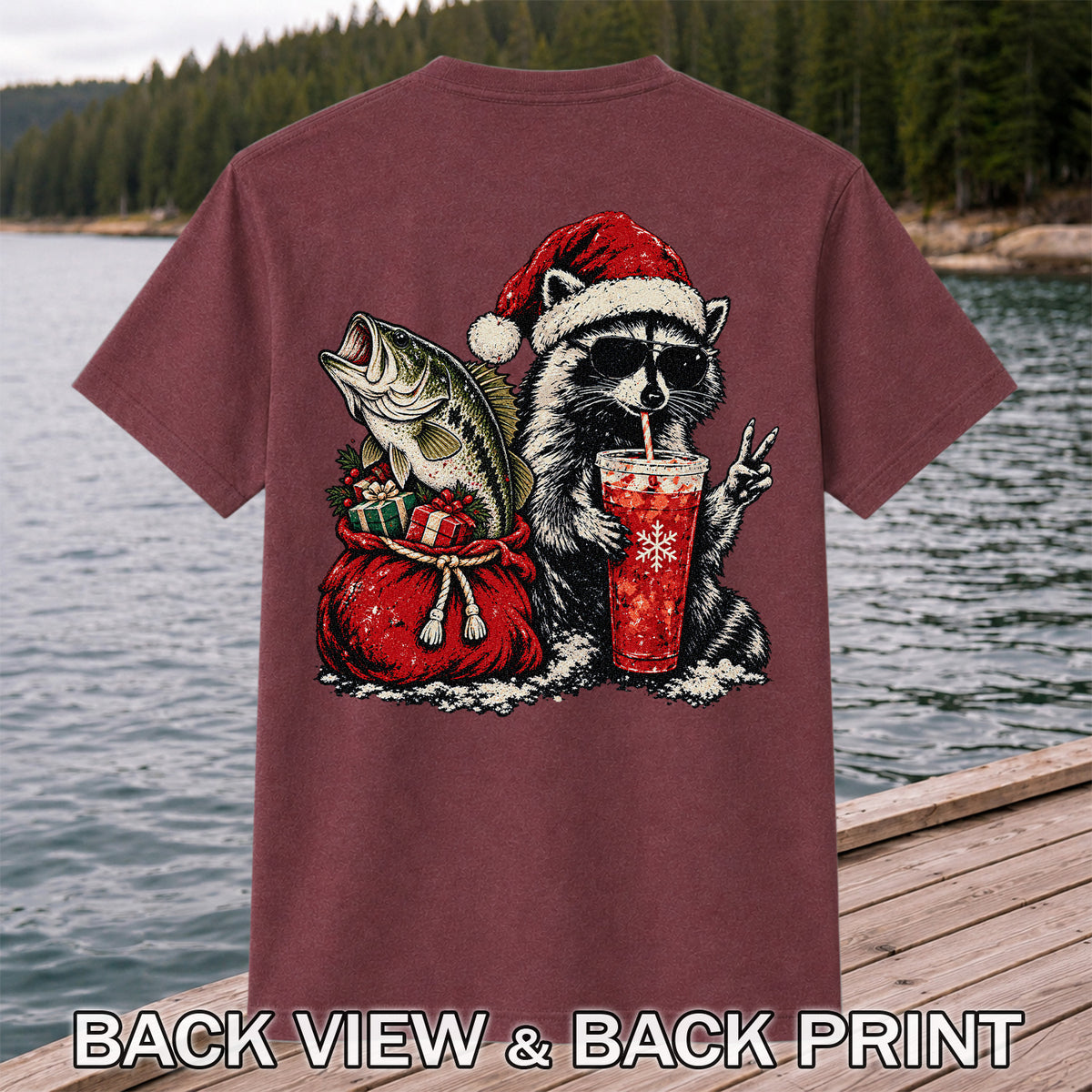 Santa Raccoon Sharing a Bass Christmas Fishing Graphic T-Shirt | Back Print
