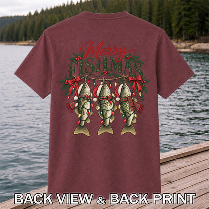 Merry Fishmas Christmas Trout Fishing Graphic T-Shirt | Back Print
