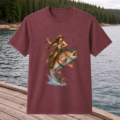 Western Cowgirl Riding a Rainbow Trout Fly Fishing Graphic T-Shirt