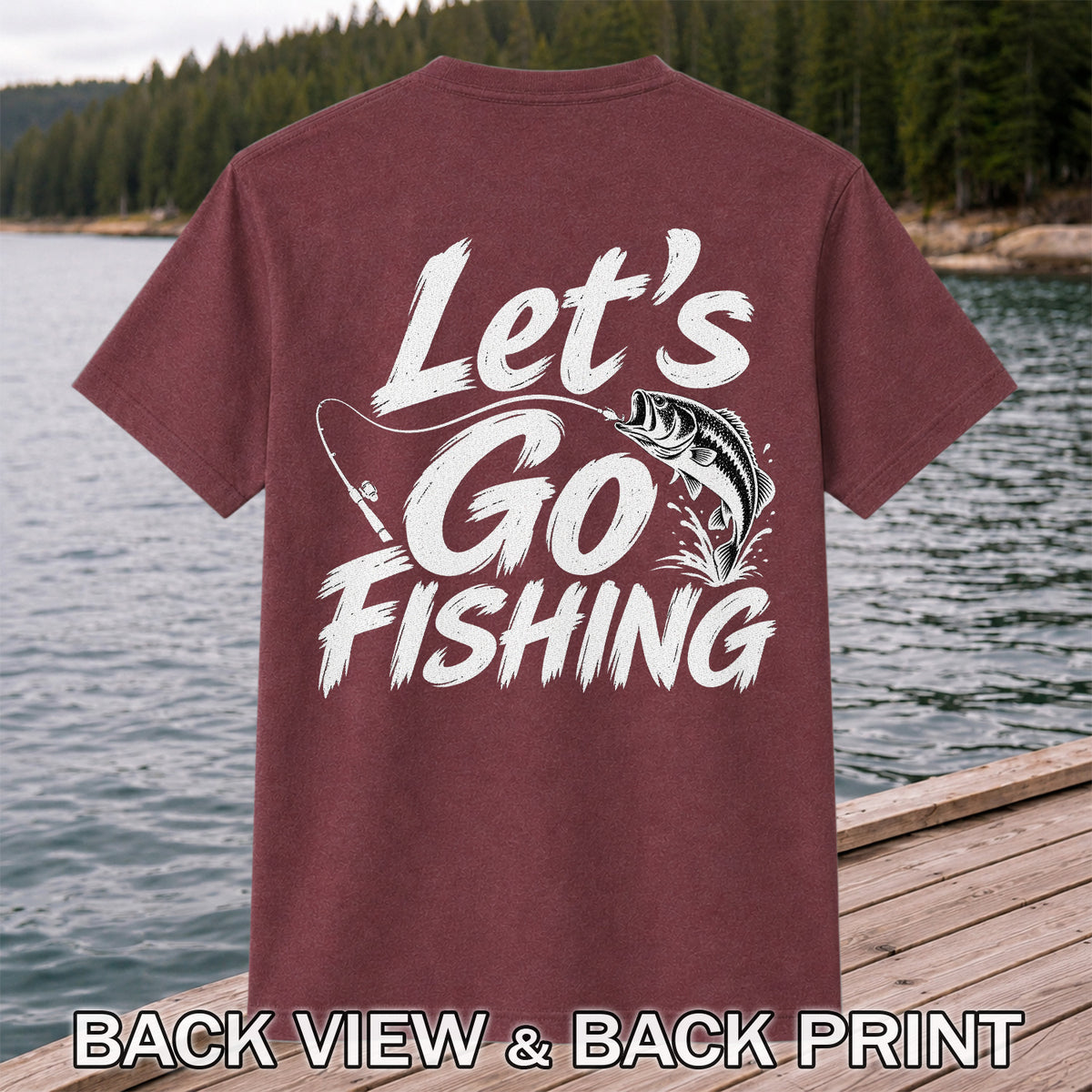 Let's Go Fishing with Jumping Bass Graphic T-Shirt | Back Print