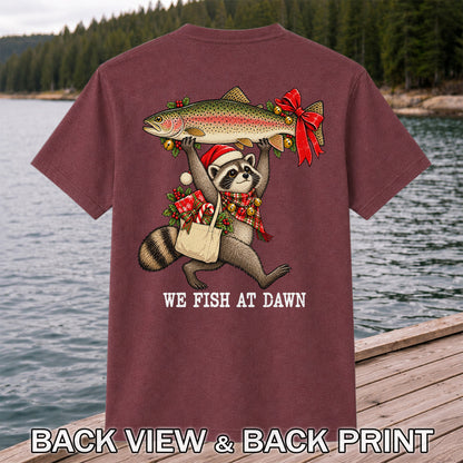 Christmas Raccoon Holding Rainbow Trout Fishing T-Shirt | Back Print