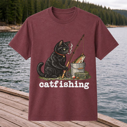 Catfishing Smoking Black Cat with Fishing Rod Funny T-Shirt