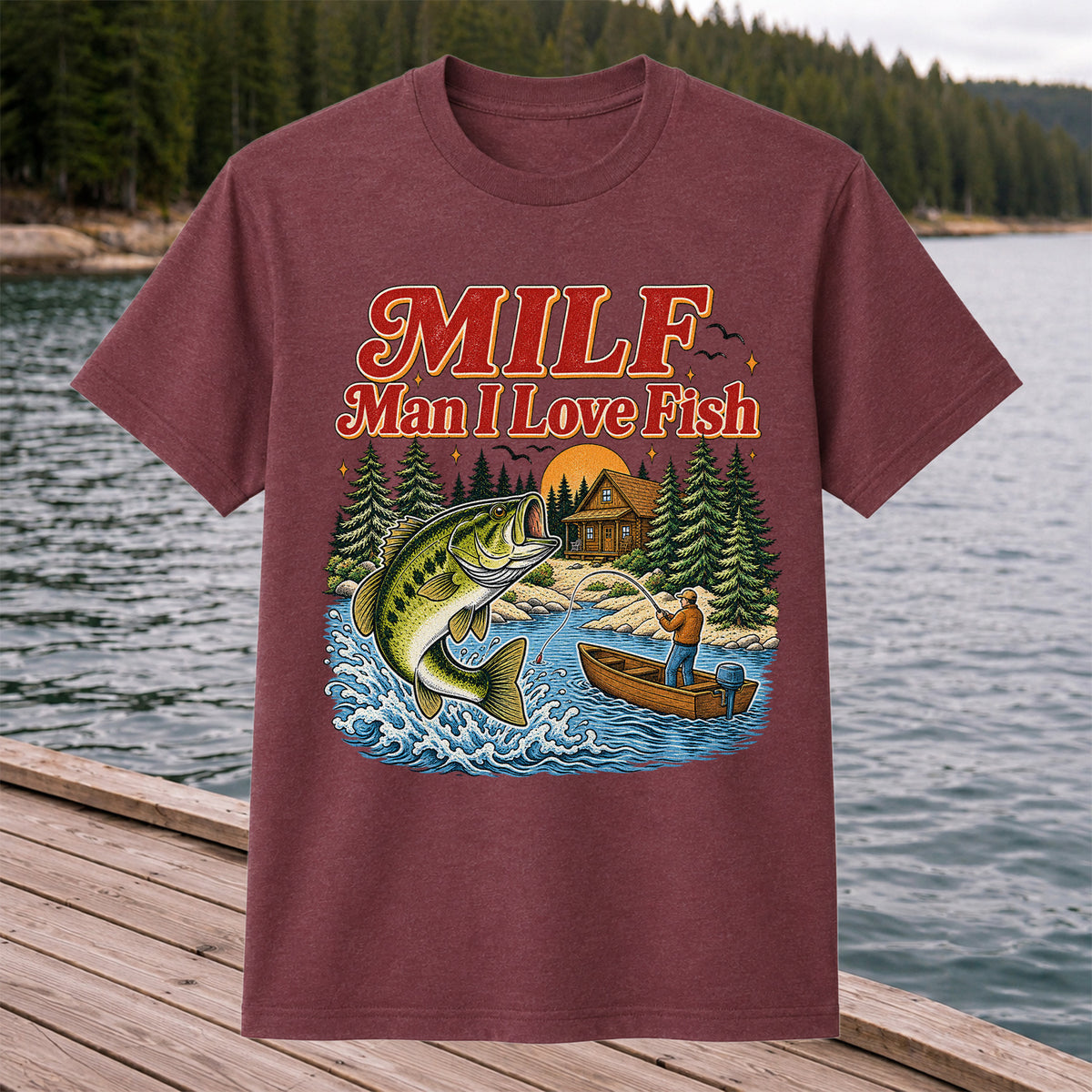MILF Man I Love Fish Bass Lake Fishing Graphic T-Shirt
