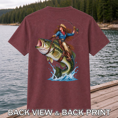 Cowgirl Riding a Largemouth Bass Fishing Graphic T-Shirt | Back Print