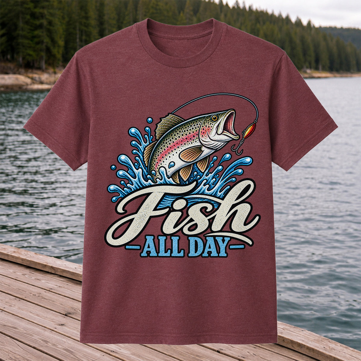 Fish All Day Jumping Rainbow Trout Fishing Graphic T-Shirt