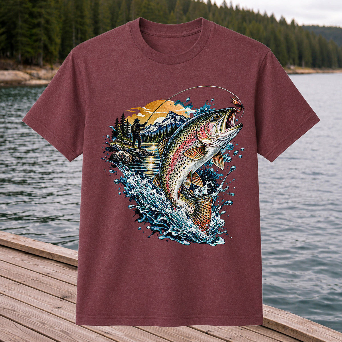 Leaping Rainbow Trout Mountain River Fly Fishing Graphic T-Shirt