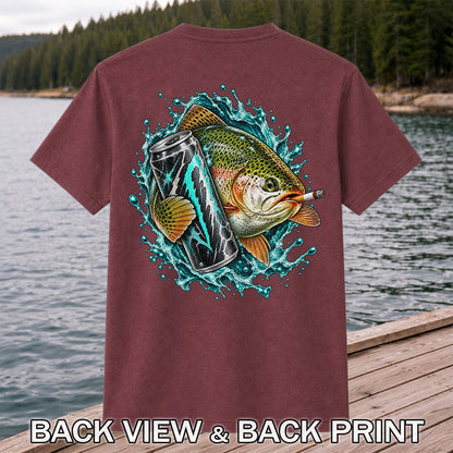 Rainbow Trout with Cigarette and Energy Drink Fishing T-Shirt | Back Print