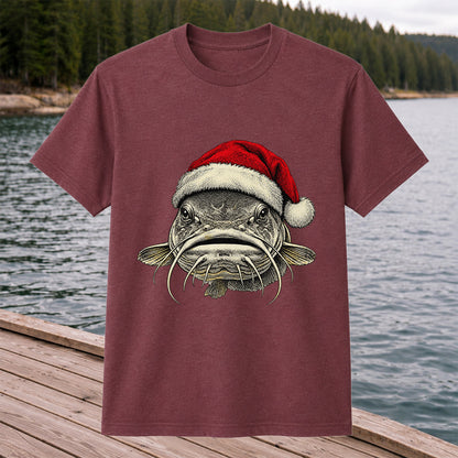 Christmas Catfish Santa Hat Holiday Fishing Graphic T-Shirt