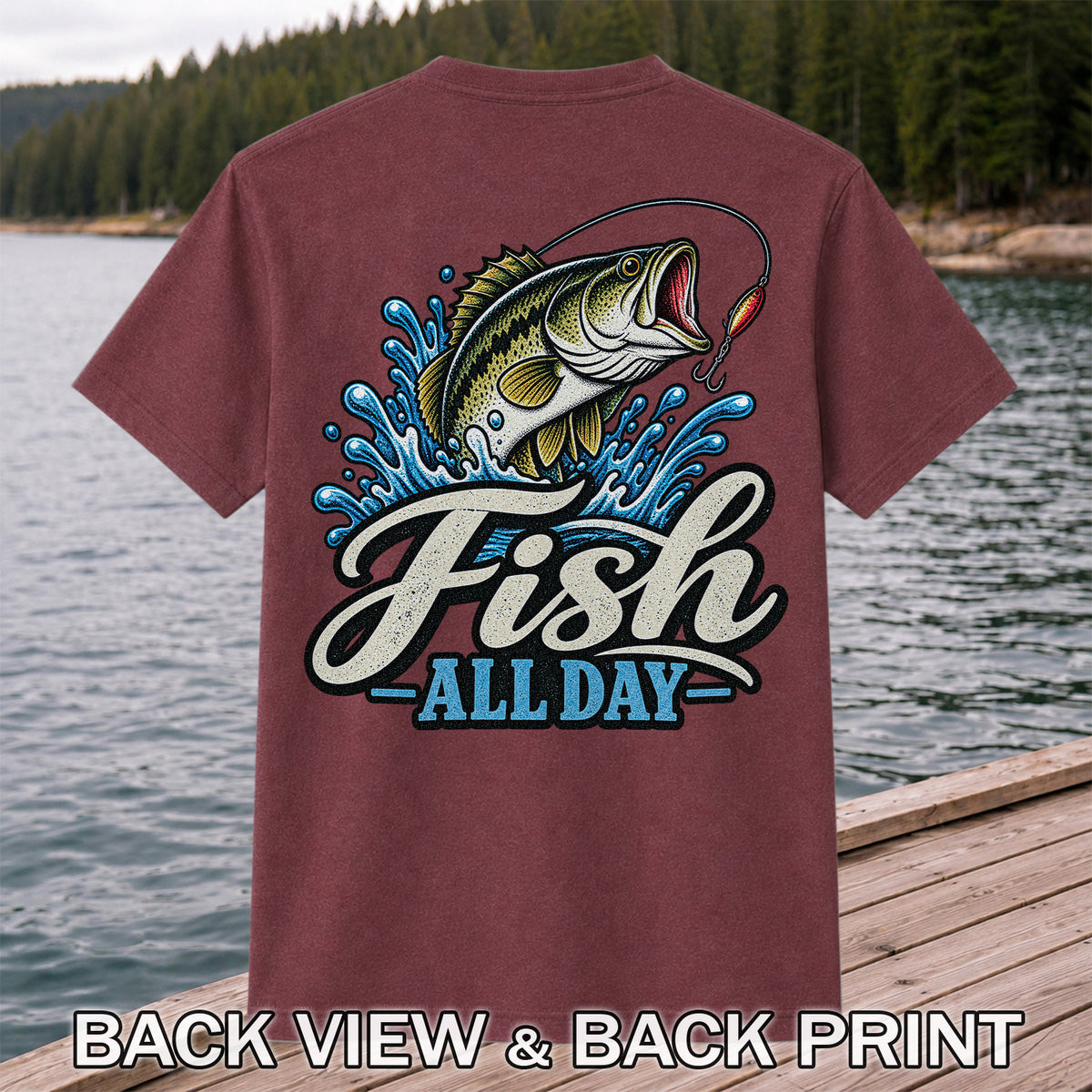 Fish All Day Jumping Bass Fishing Graphic T-Shirt | Back Print